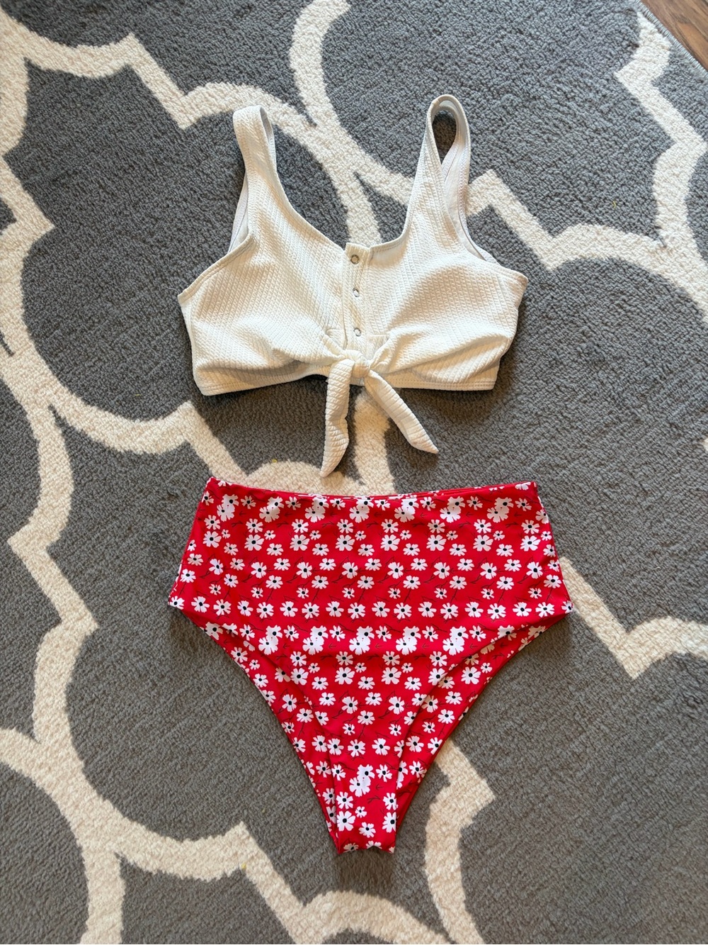 SHEIN Cream Ribbed Tie-Front Top with Red Floral High-Waist Bikini Bottom